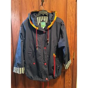 VTG Climate Zone LG Navy Blue Hooded Nautical Jacket Red Trim Striped Lining L